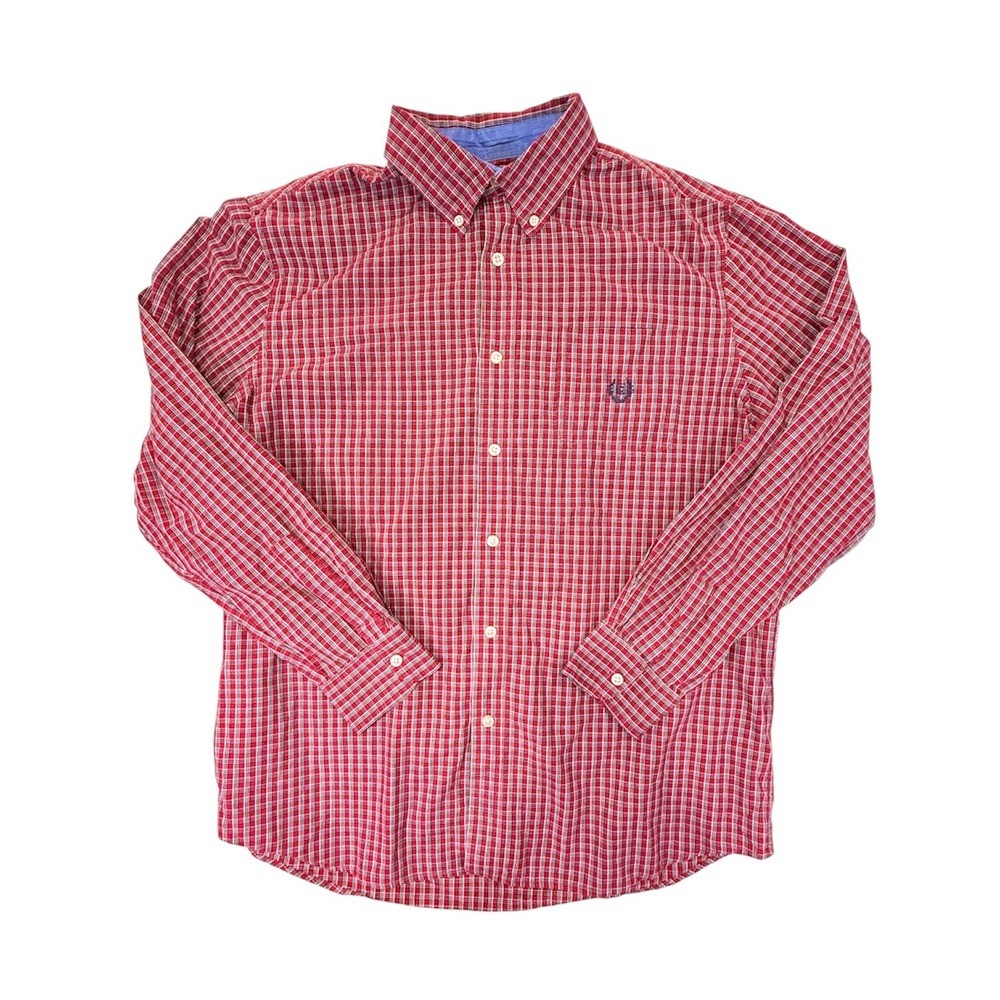 Chaps Button Down Shirt Mens Large Red Plaid Easy Care Long Sleeve